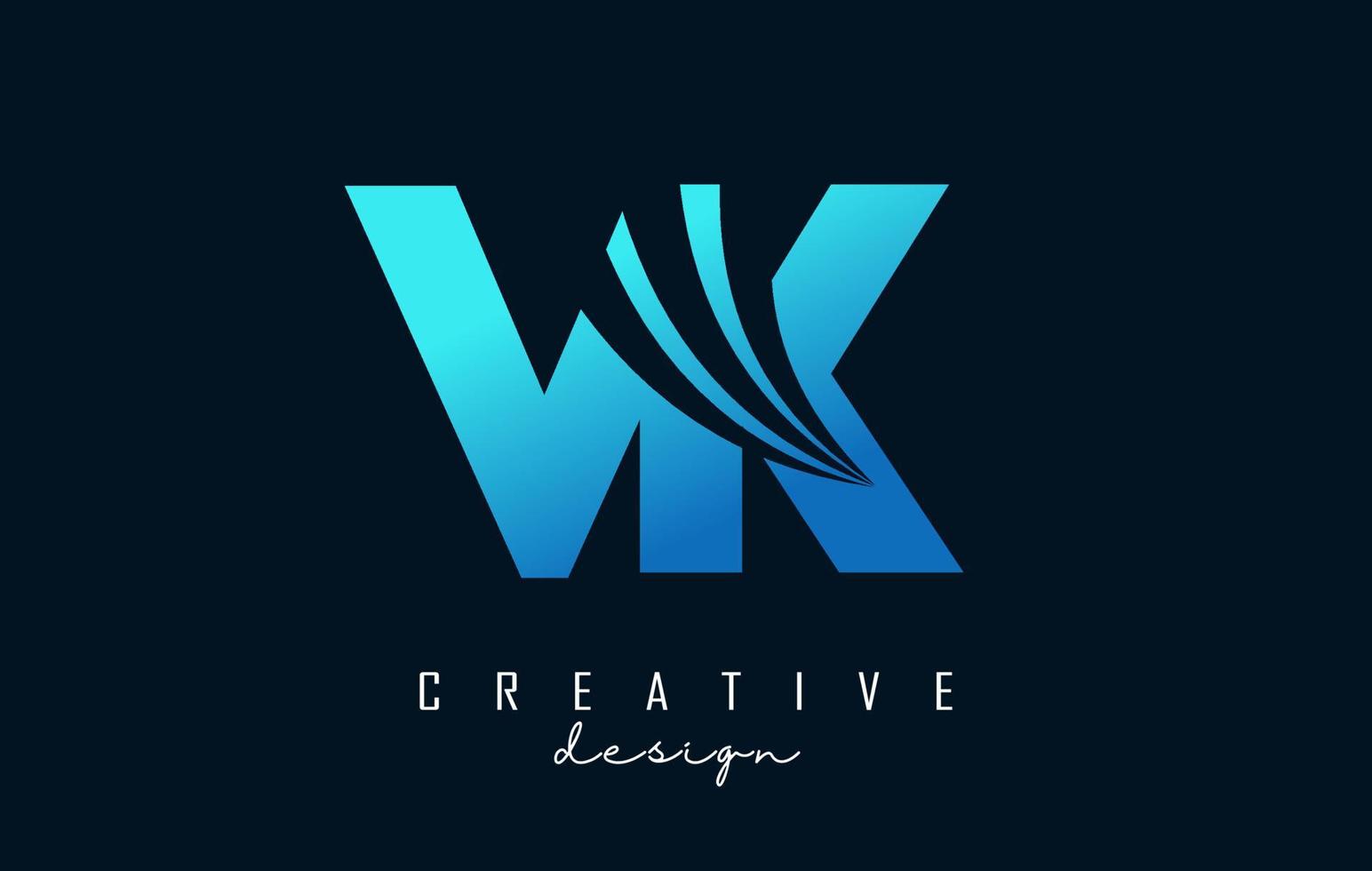 logotipo creativo de letras azules vk vk con líneas principales y diseño de concepto de carretera. letras con diseño geométrico. vector