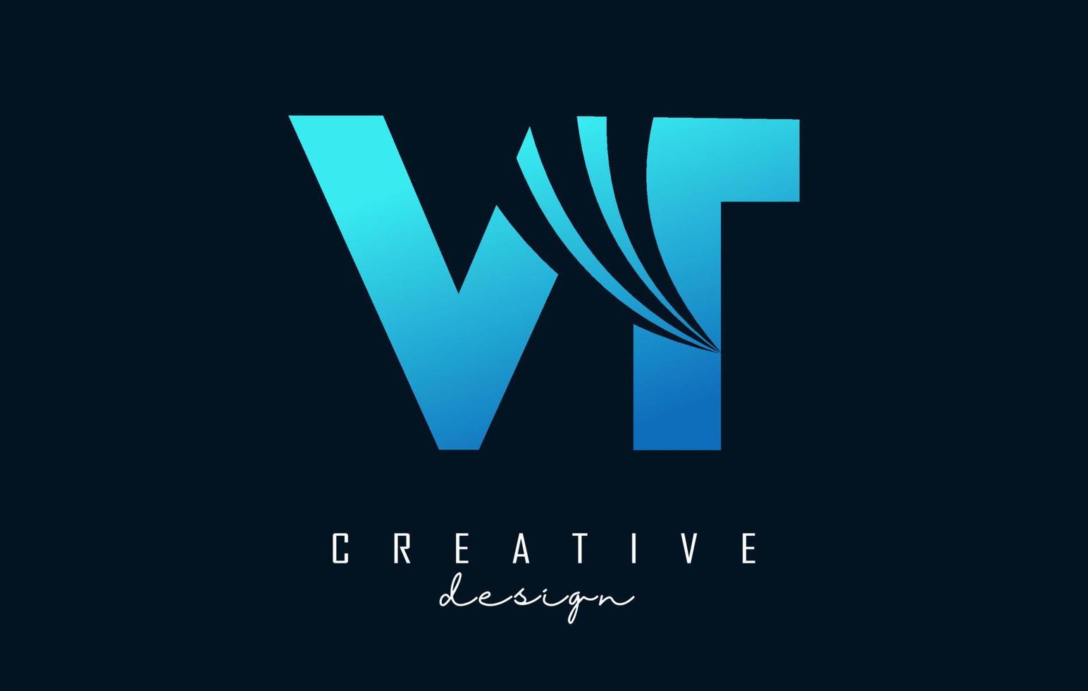 Creative blue letters VT v t logo with leading lines and road concept design. Letters with geometric design. vector
