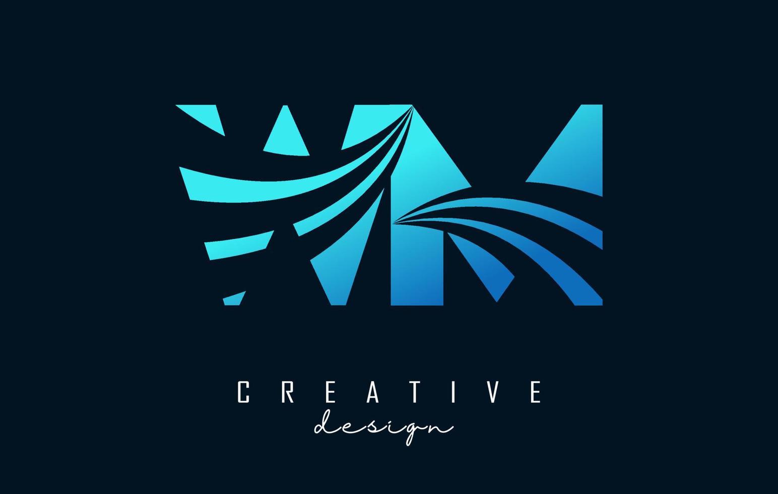 Creative blue letters WM w m logo with leading lines and road concept design. Letters with geometric design. vector