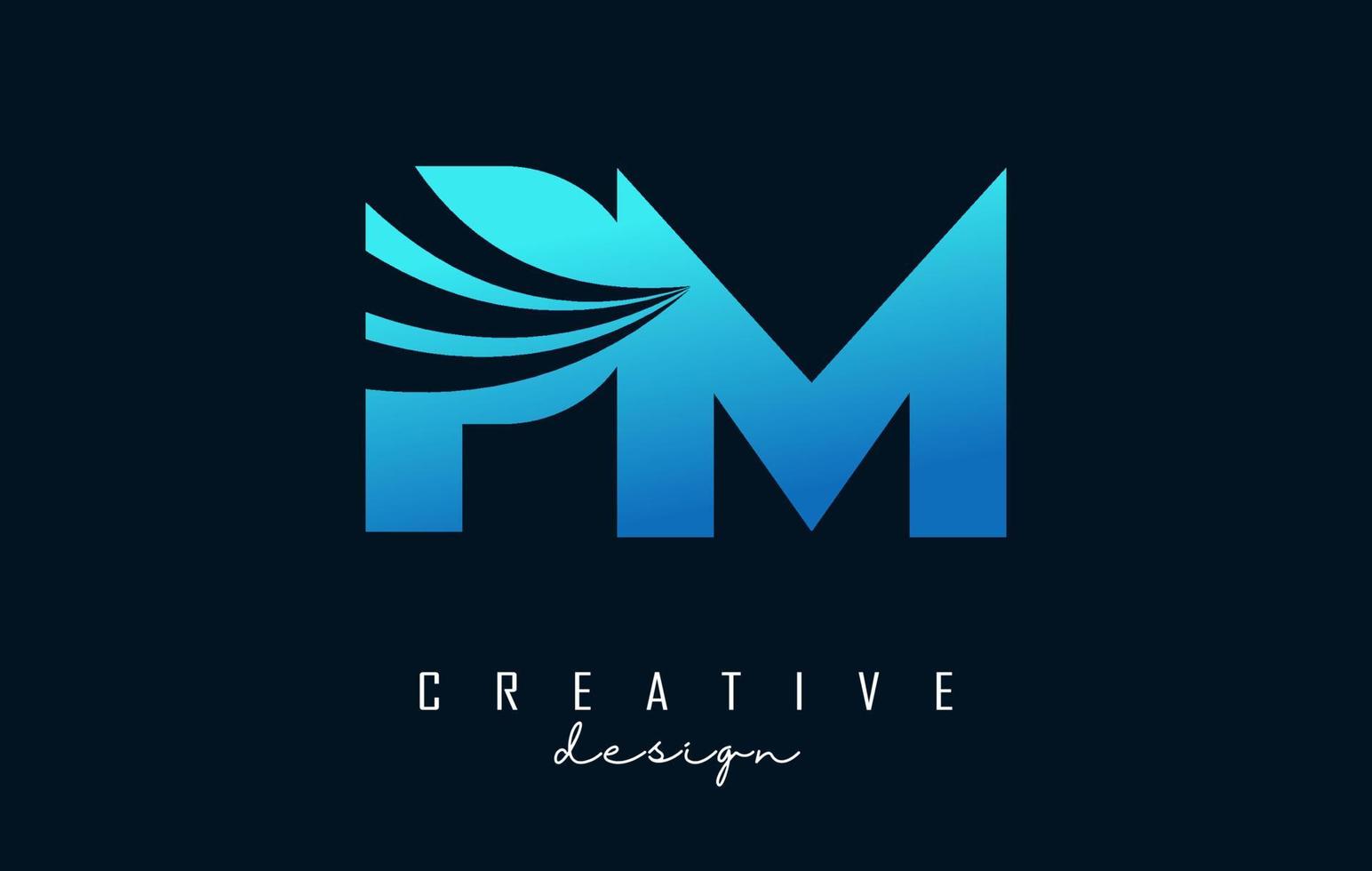 Creative blue letters PM p m logo with leading lines and road concept design. Letters with geometric design. vector