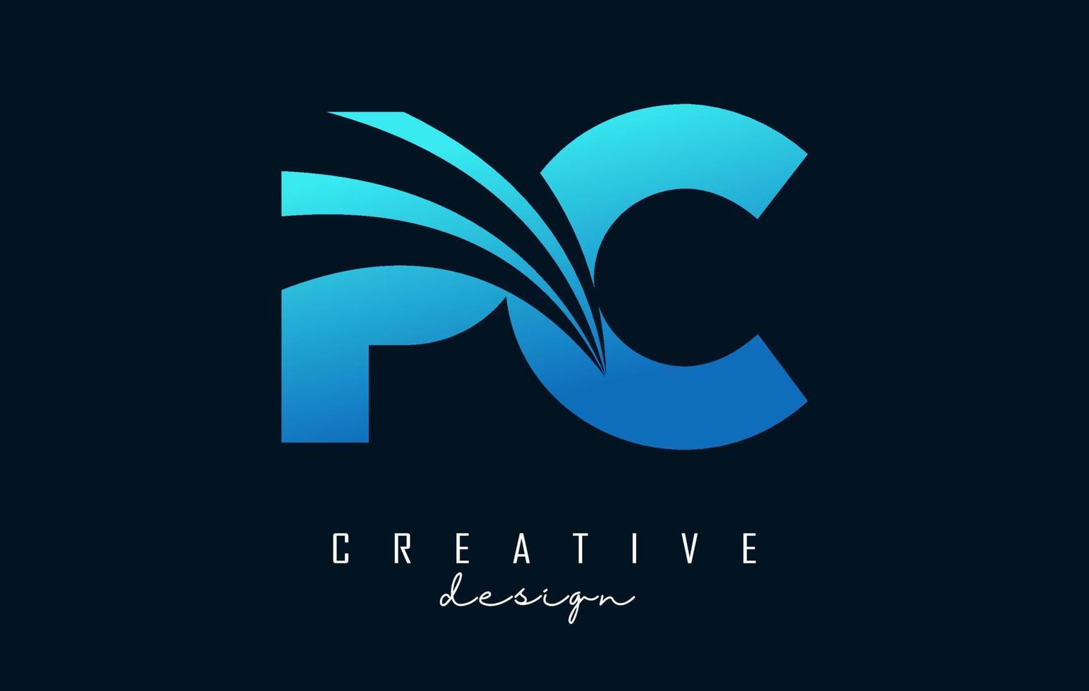 logotipo de pc de letras azules creativas con líneas principales y diseño de concepto de carretera. letras con diseño geométrico. vector