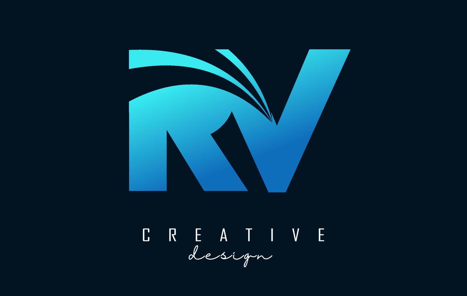 Creative blue letters RV R v logo with leading lines and road concept design. Letters with geometric design. vector