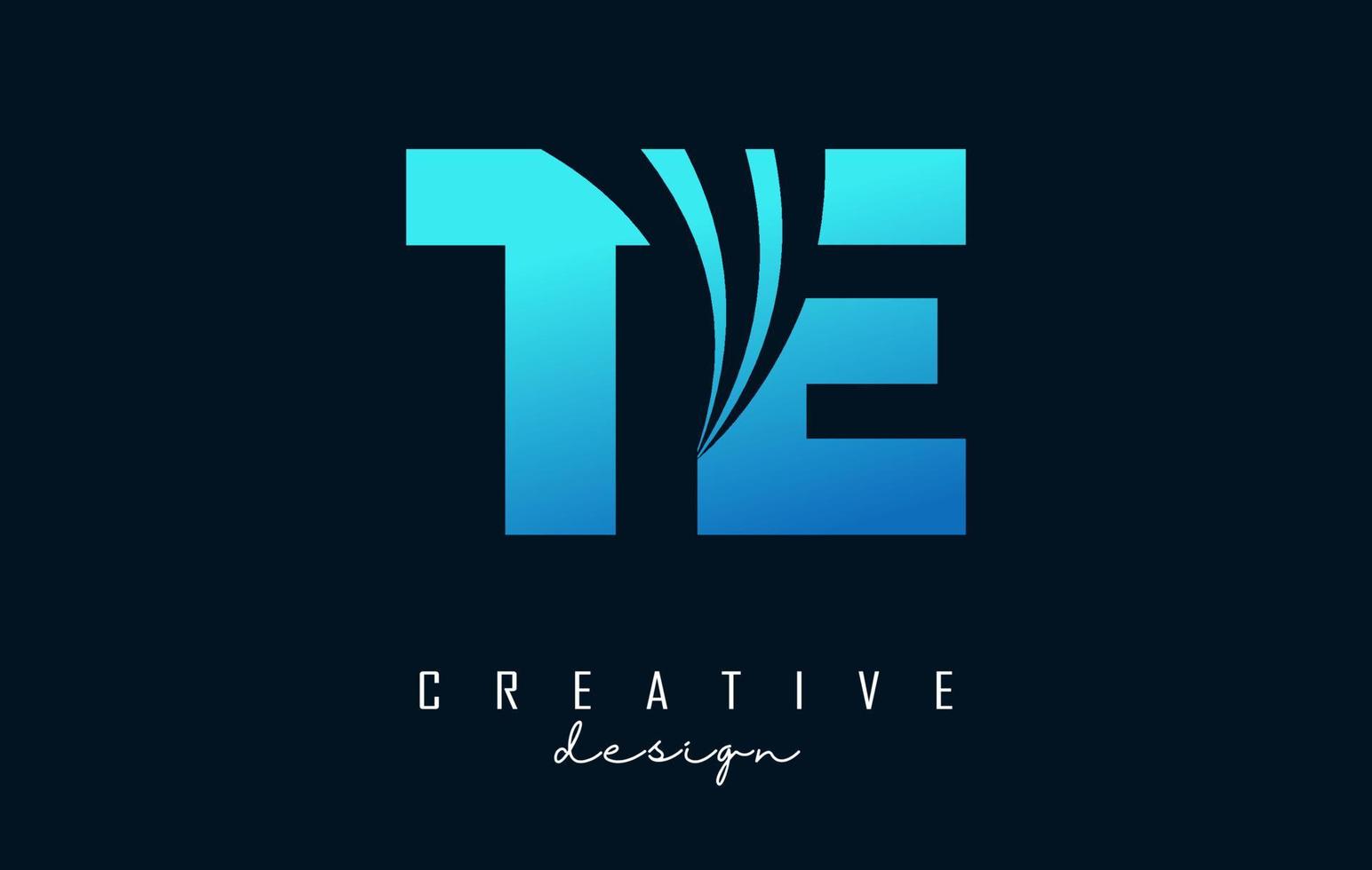 Creative blue letters TE t e logo with leading lines and road concept design. Letters with geometric design. vector