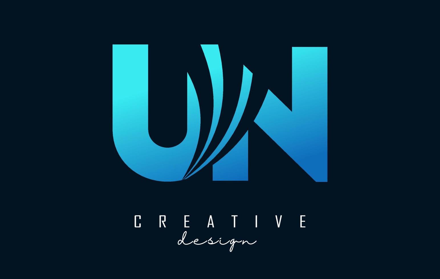 Creative blue letters UN u n logo with leading lines and road concept design. Letters with geometric design. vector