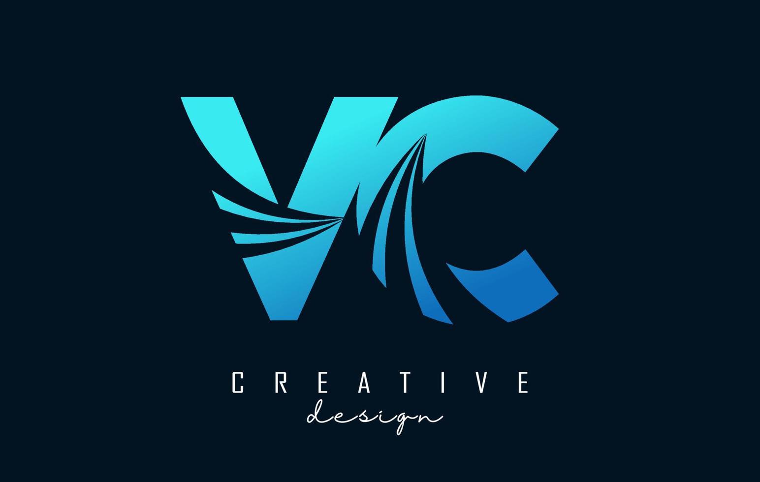 logotipo creativo de letras azules vc vc con líneas principales y diseño de concepto de carretera. letras con diseño geométrico. vector