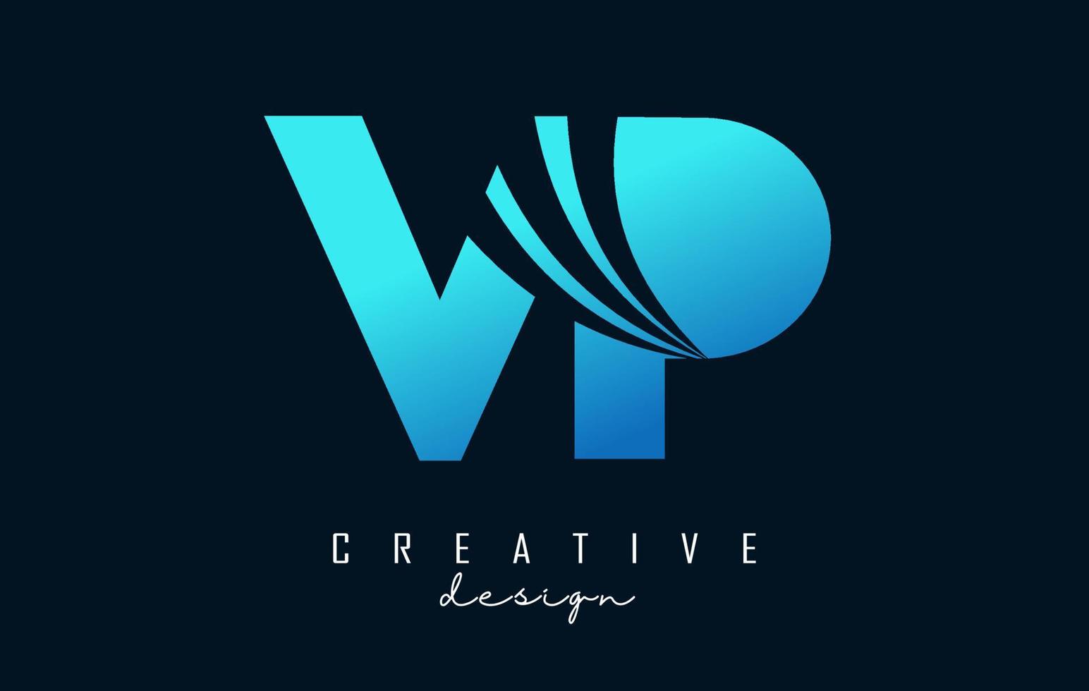 Creative blue letters VP v p logo with leading lines and road concept design. Letters with geometric design. vector