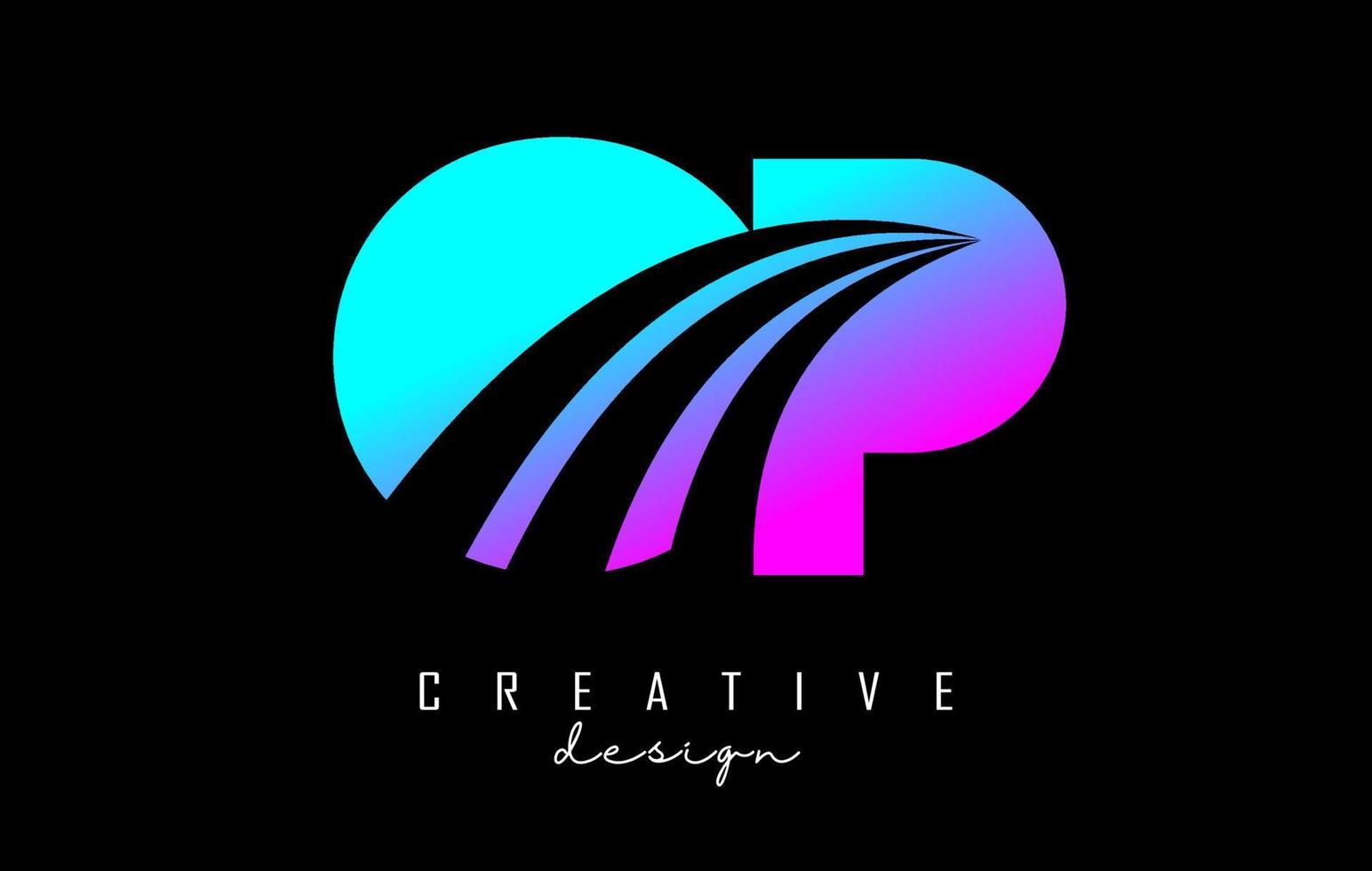 Creative colorful letters OP o p logo with leading lines and road concept design. Letters with geometric design. vector