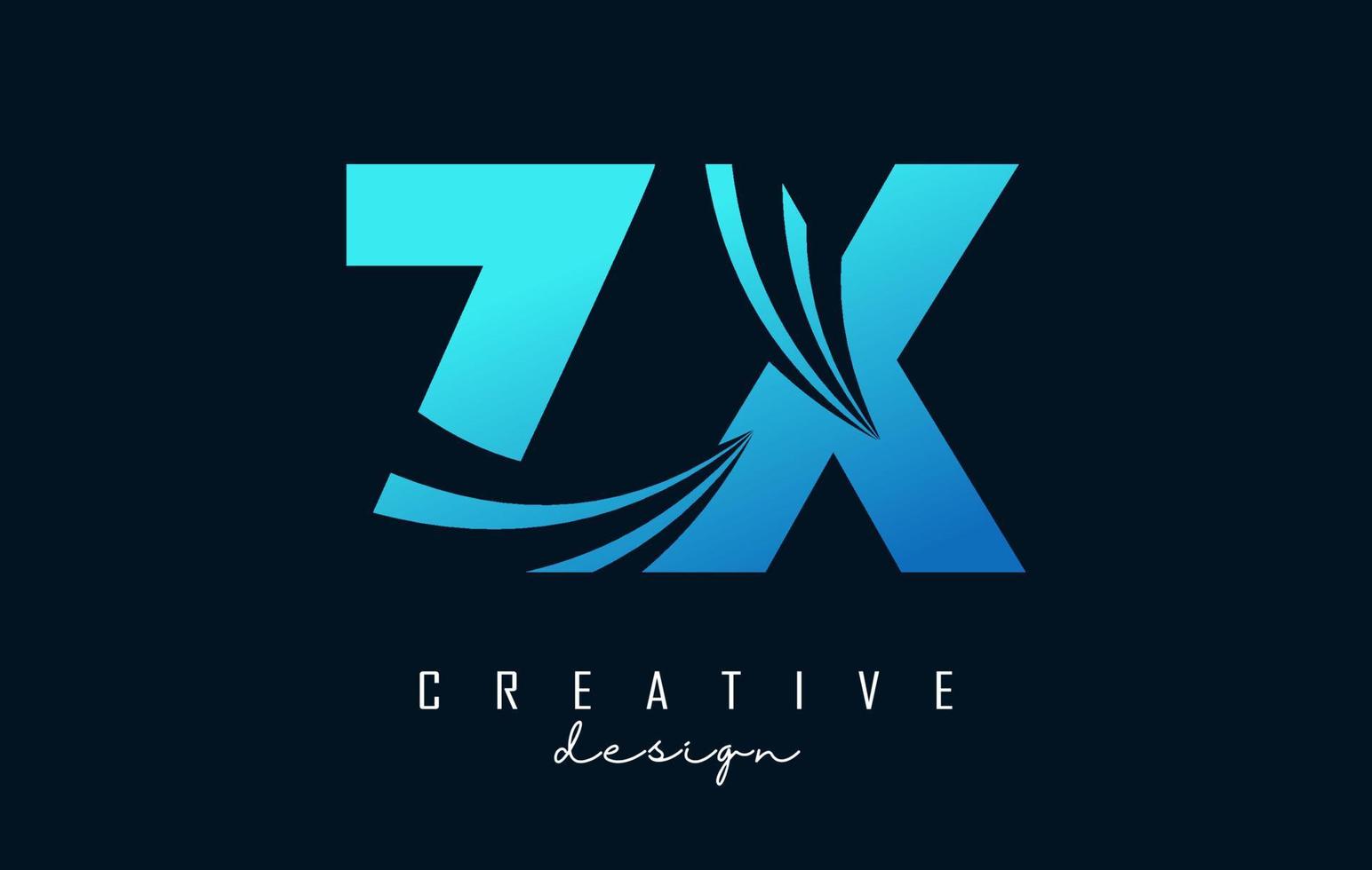 Creative blue letters ZX z x logo with leading lines and road concept design. Letters with geometric design. vector