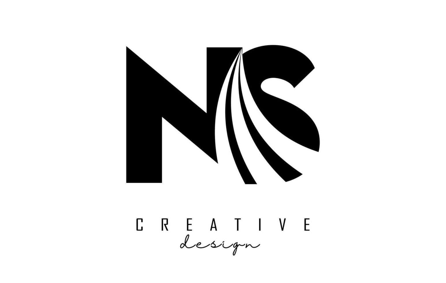 Creative black letters NS n s logo with leading lines and road concept design. Letters with geometric design. vector