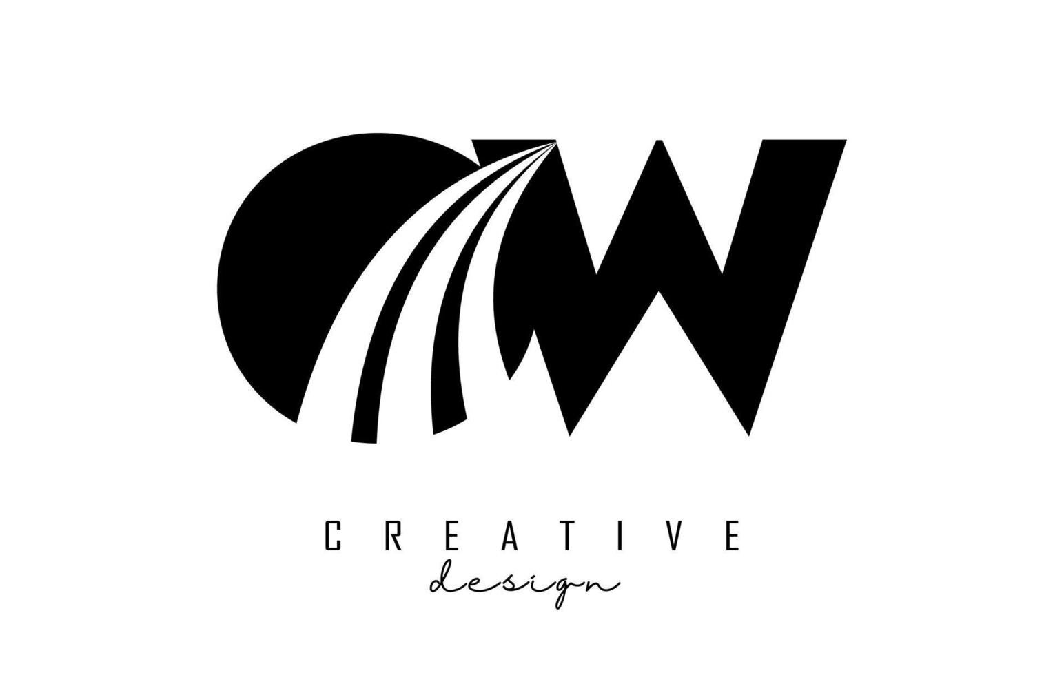 Creative black letters OW o w logo with leading lines and road concept design. Letters with geometric design. vector