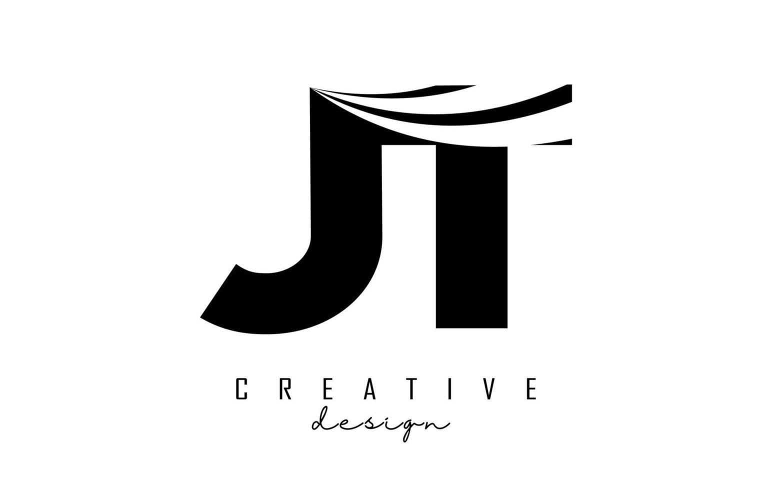 Creative black letters JT j t logo with leading lines and road concept design. Letters with geometric design. vector