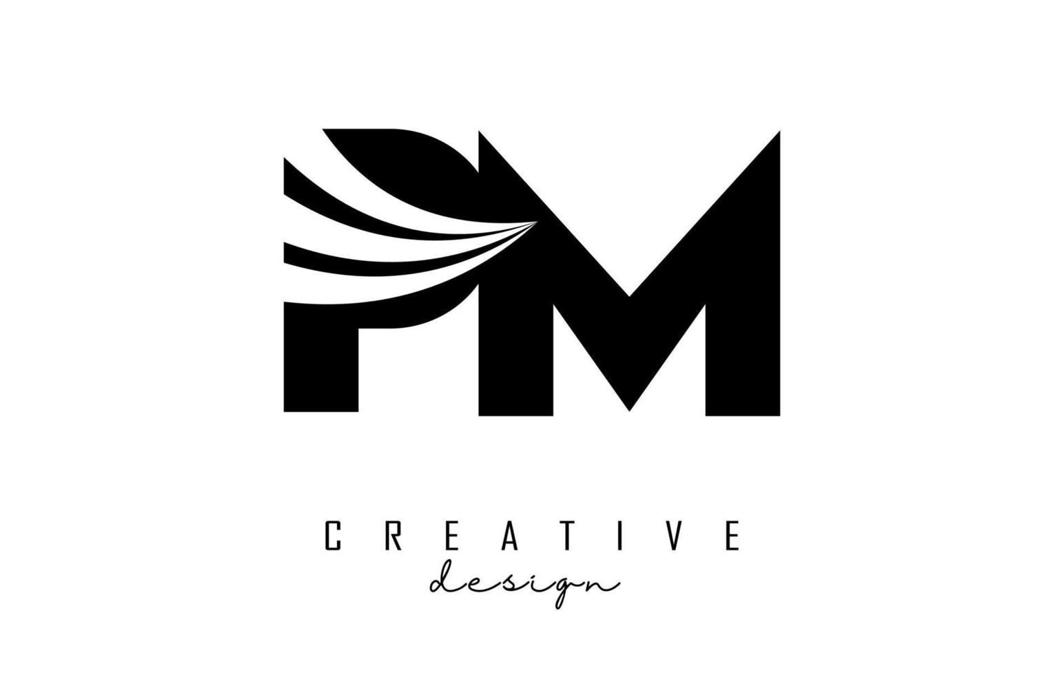 Creative black letters PM p m logo with leading lines and road