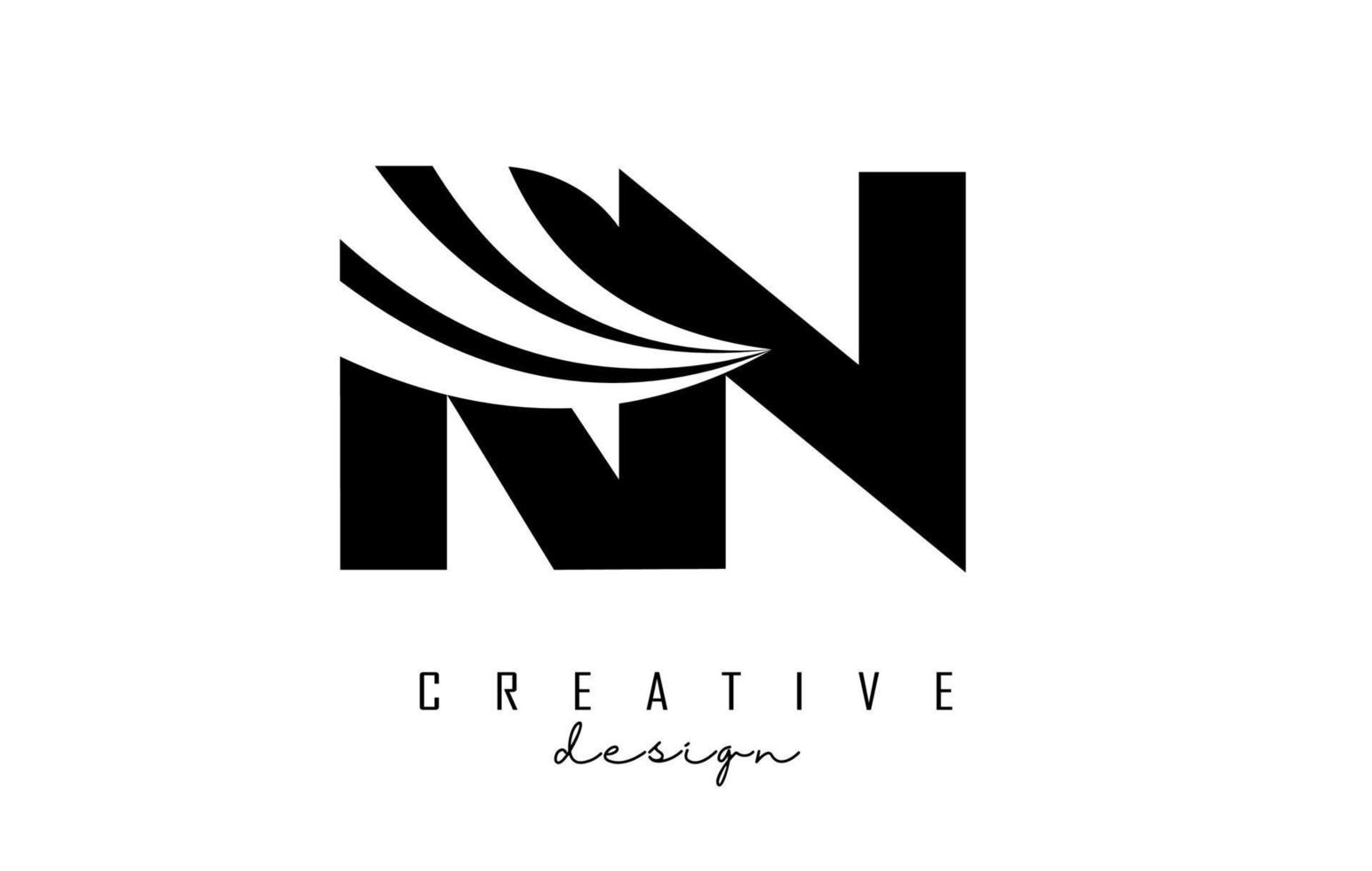 Creative black letters RN R N logo with leading lines and road concept design. Letters with geometric design. vector