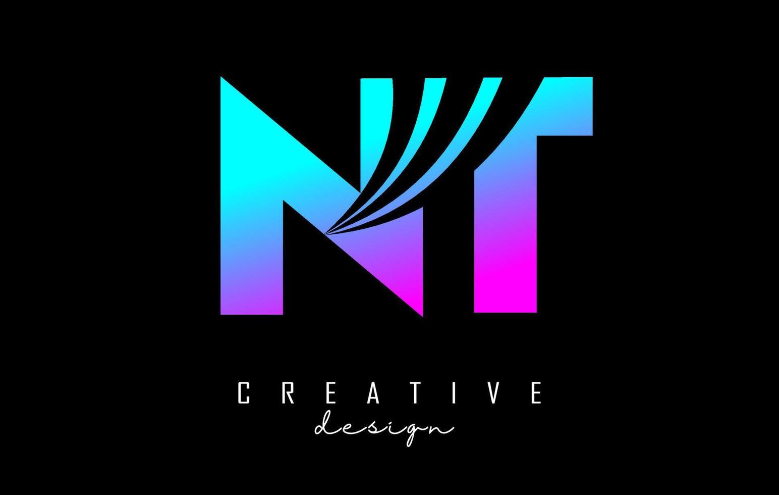 Creative colorful letters NT n t logo with leading lines and road concept design. Letters with geometric design. vector