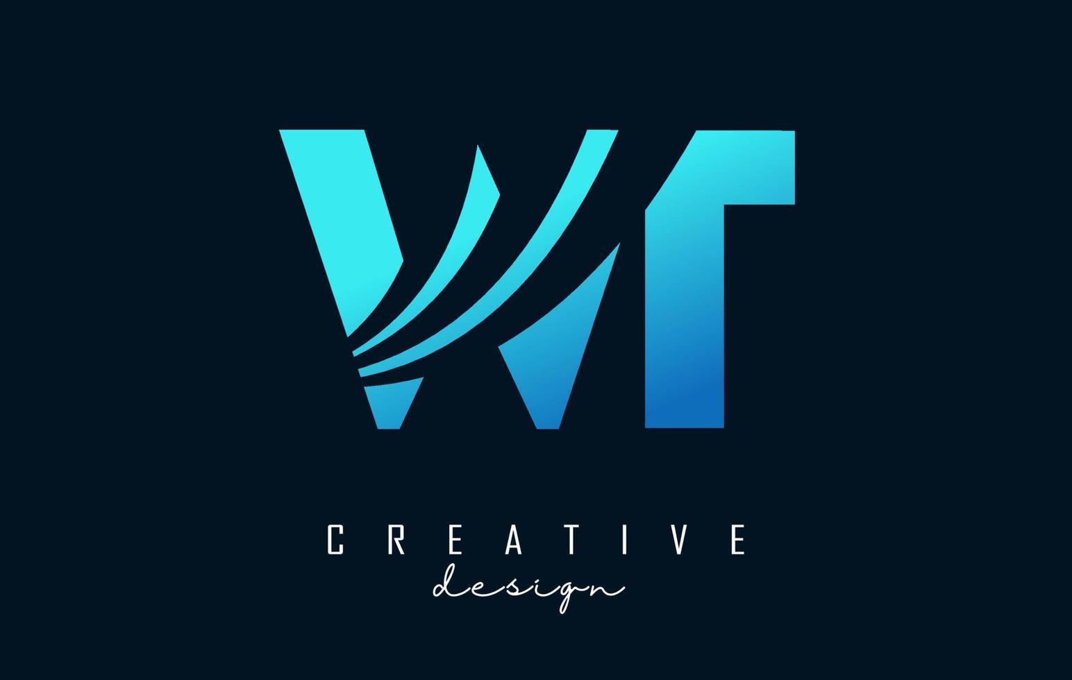 Creative blue letters WT w t logo with leading lines and road concept design. Letters with geometric design. vector