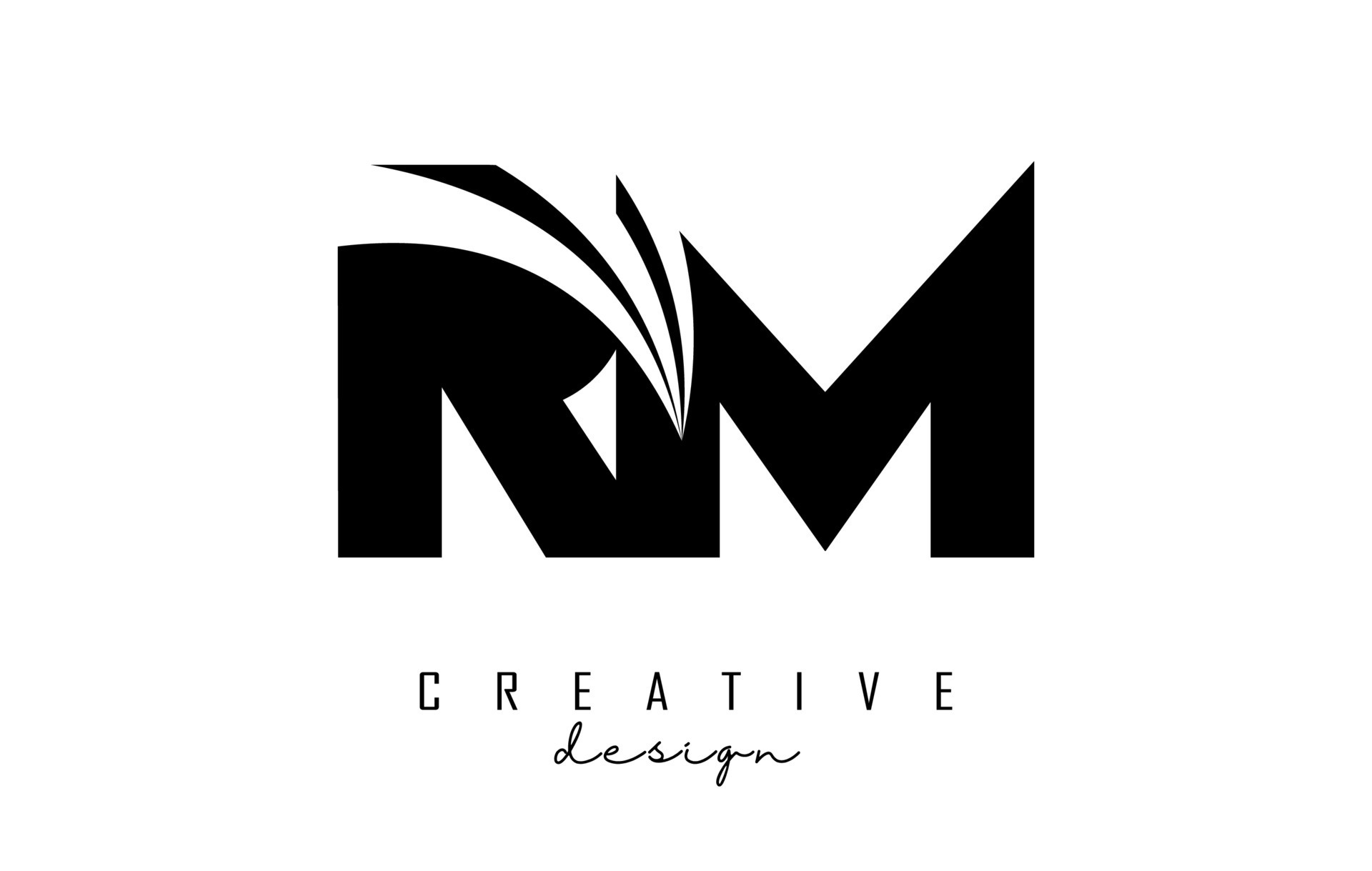 Creative black letters RM R m logo with leading lines and road concept
