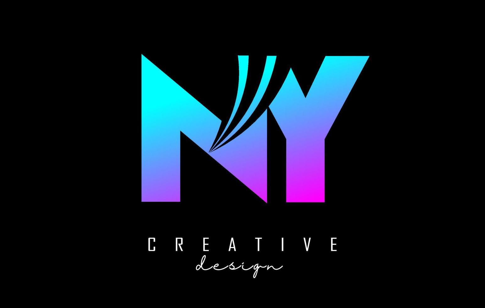 Letras coloridas creativas ny ny logo con líneas principales y diseño de concepto de carretera. letras con diseño geométrico. vector