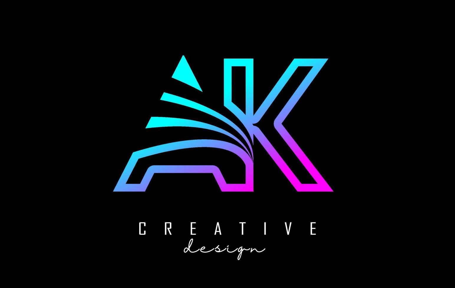 Outline colorful leading lines letters AK a K logo with road concept design. Letters AB with geometric design. vector