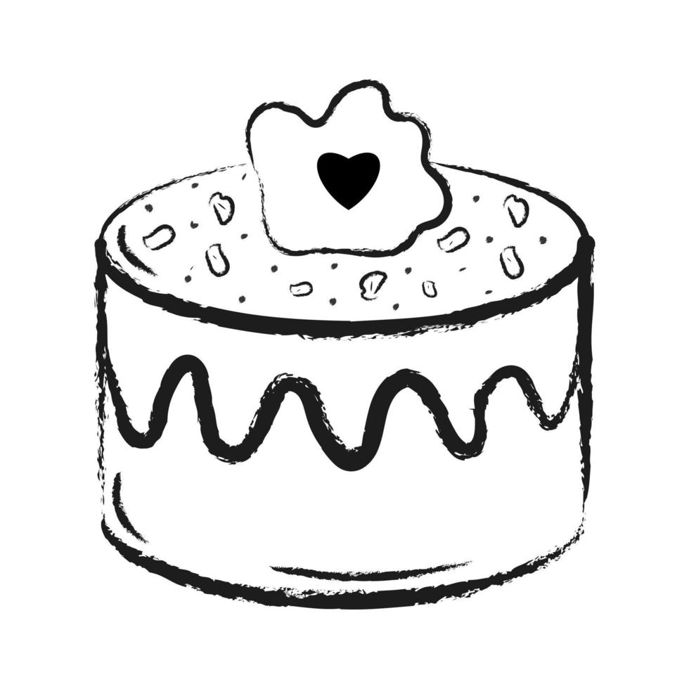 Delicious sweet birthday cake with heart. Vector illustration in sketch style isolated on white background.  Confection. For design stickers, menu, candy shop.