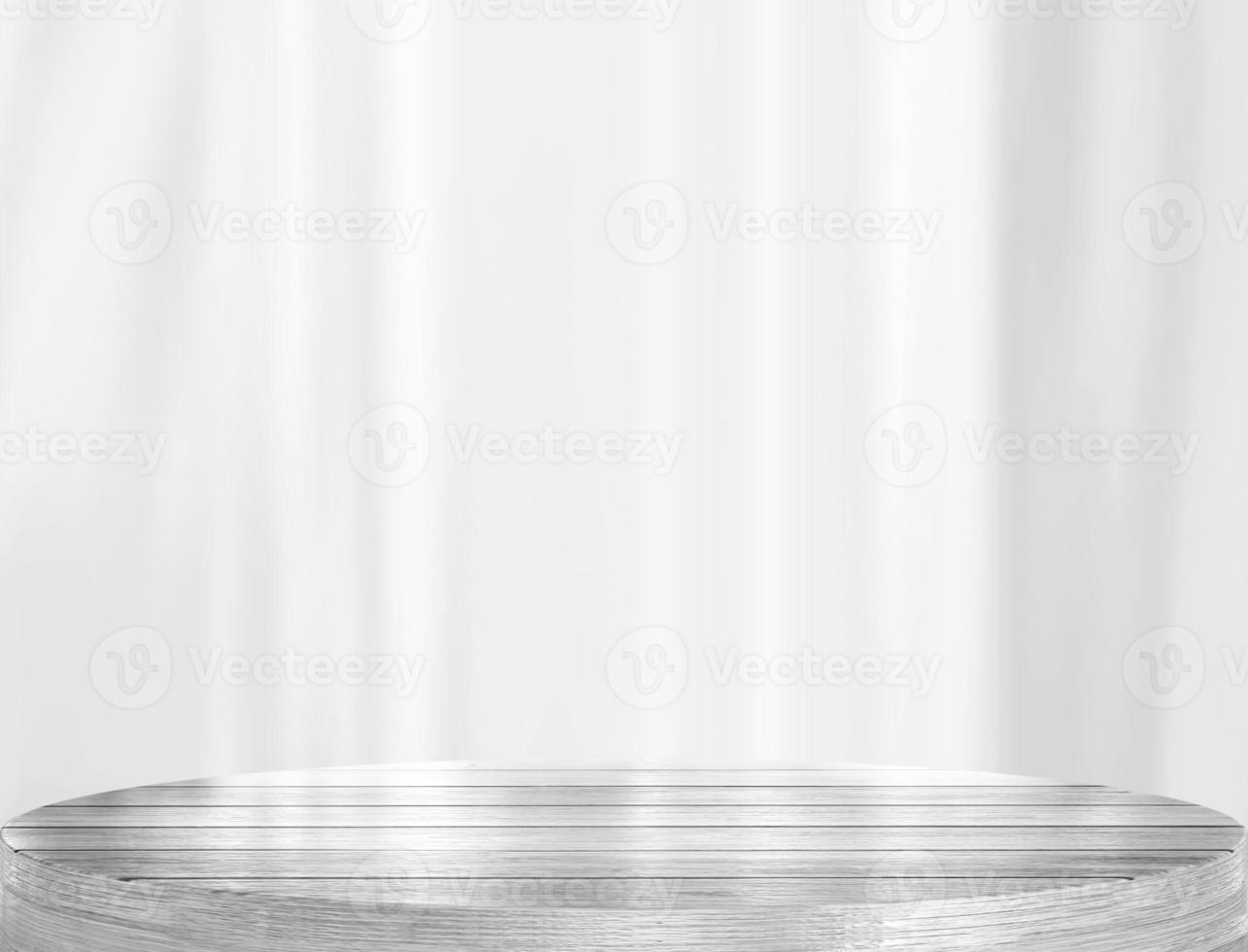 Empty white wooden table and blurred background for product display platform or podium photo