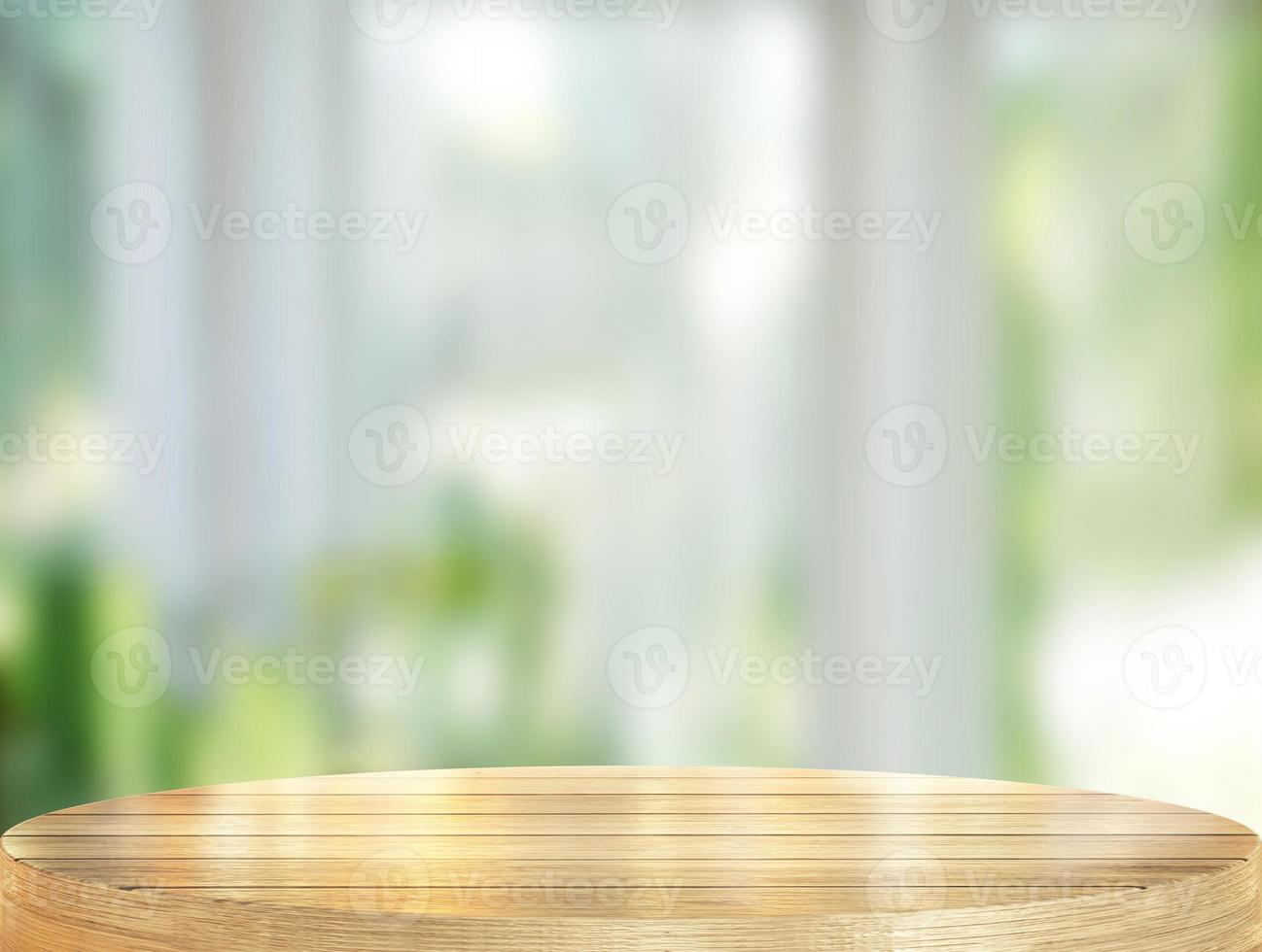 Empty wooden table and blurred coffee shop background for for product display platform or podium photo