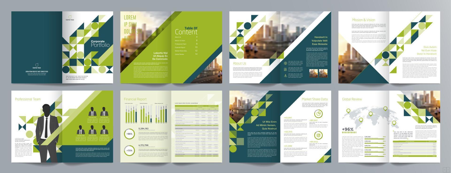 plantilla de folleto de guía de presentación de negocios corporativos, informe anual, plantilla de diseño de folleto de negocios geométrico plano minimalista de 16 páginas, tamaño a4. vector