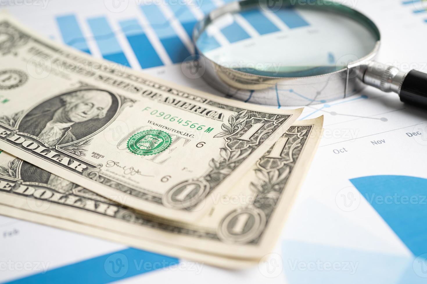 Magnifying glass with US dollar banknotes on charts graphs paper. Financial development, Banking Account, Statistics, Investment Analytic research data economy. photo