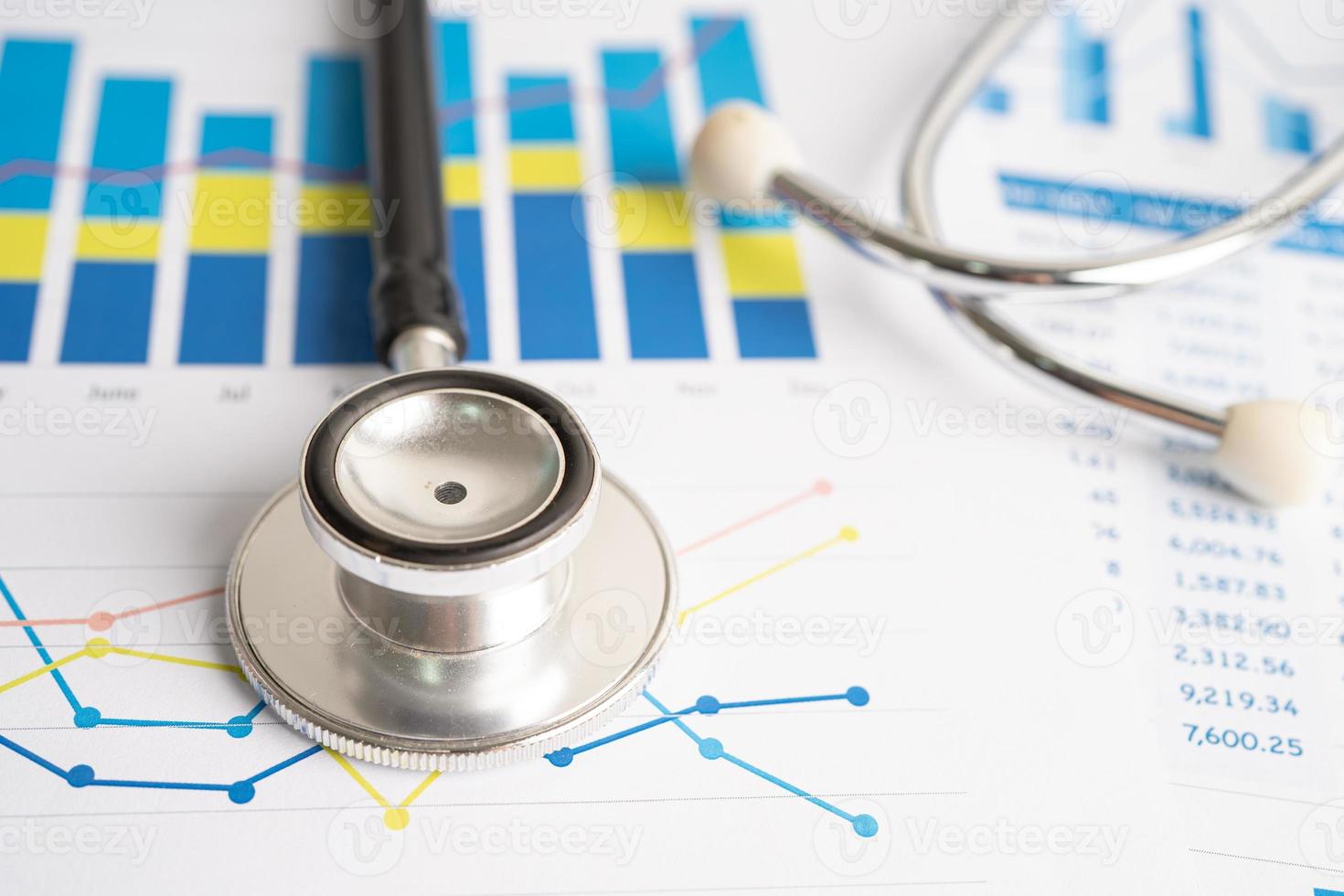 Stethoscope on charts and graphs paper, Finance, Account, Statistics, Investment, Analytic research data economy and Business company concept. photo