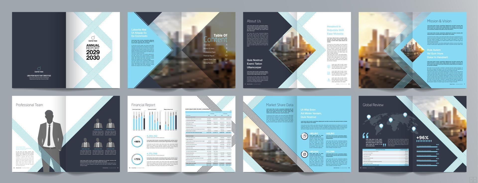 plantilla de folleto de guía de presentación de negocios corporativos, informe anual, plantilla de diseño de folleto de negocios geométrico plano minimalista de 16 páginas, tamaño a4. vector