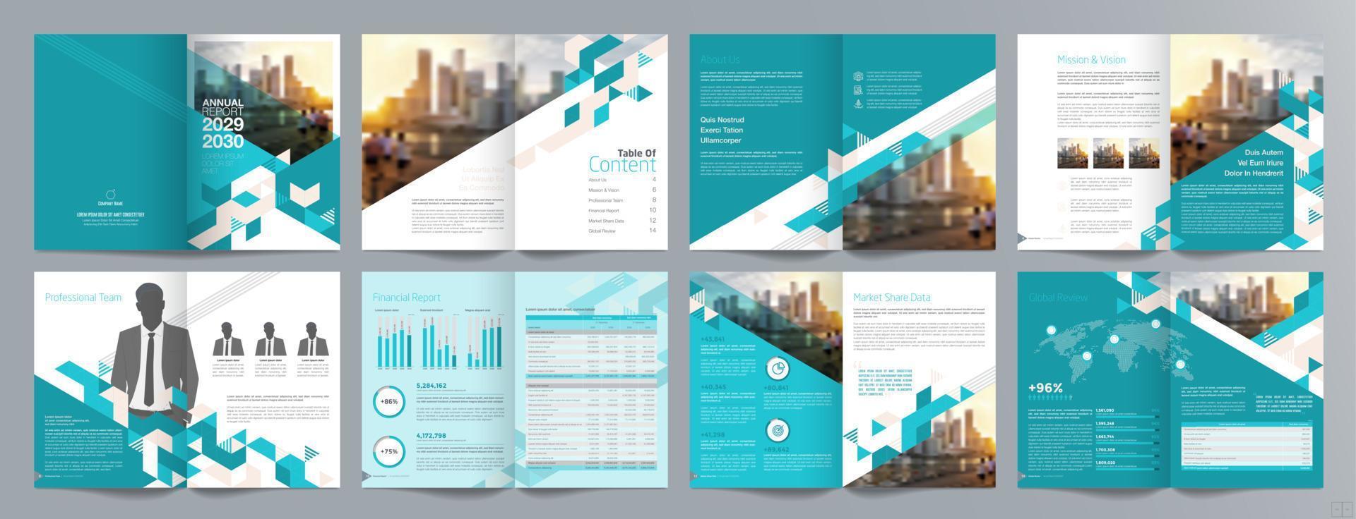 plantilla de folleto de guía de presentación de negocios corporativos, informe anual, plantilla de diseño de folleto de negocios geométrico plano minimalista de 16 páginas, tamaño a4. vector