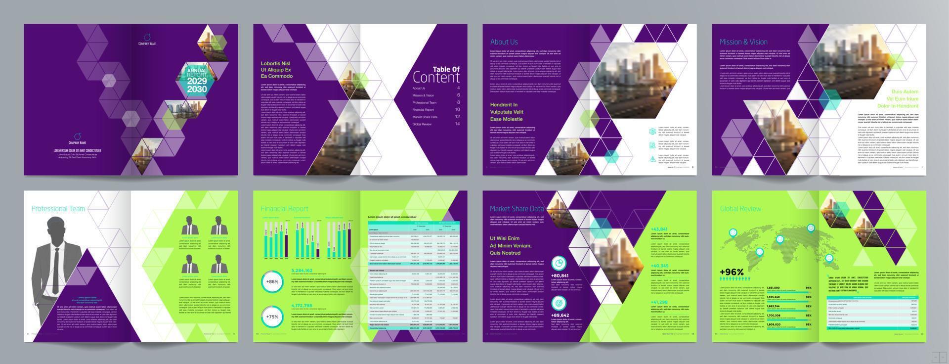 plantilla de folleto de guía de presentación de negocios corporativos, informe anual, plantilla de diseño de folleto de negocios geométrico plano minimalista de 16 páginas, tamaño a4. vector