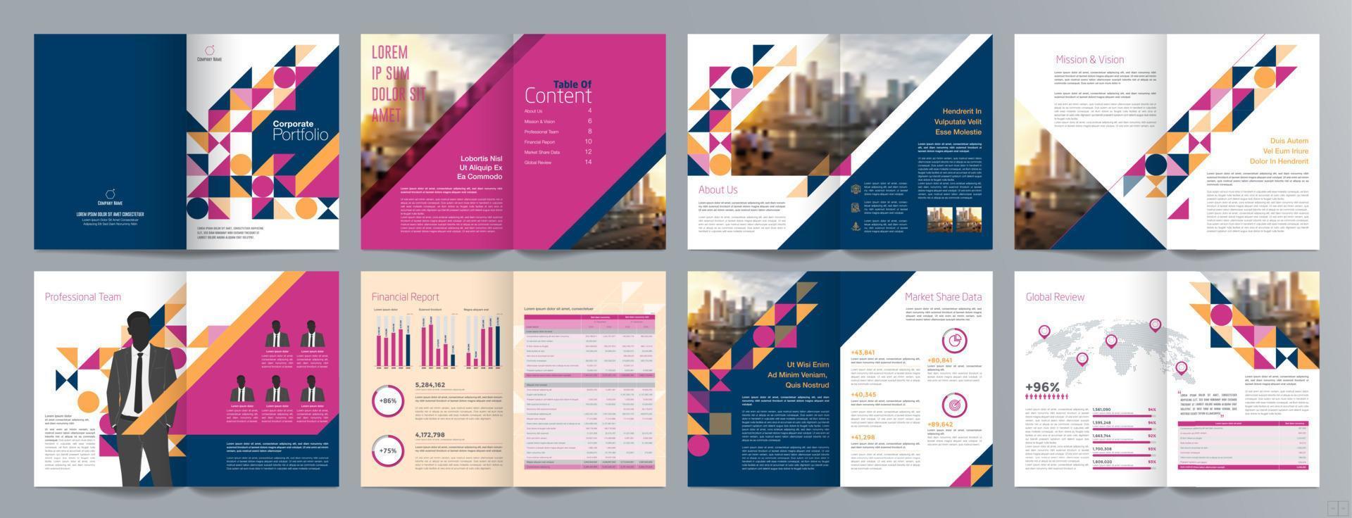 Corporate business presentation guide brochure template, Annual report, 16 page minimalist flat geometric business brochure design template, A4 size. vector