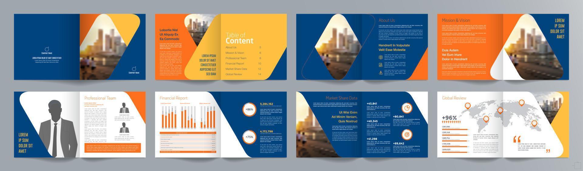 plantilla de folleto de guía de presentación de negocios corporativos, informe anual, plantilla de diseño de folleto de negocios geométrico plano minimalista de 16 páginas, tamaño cuadrado. vector