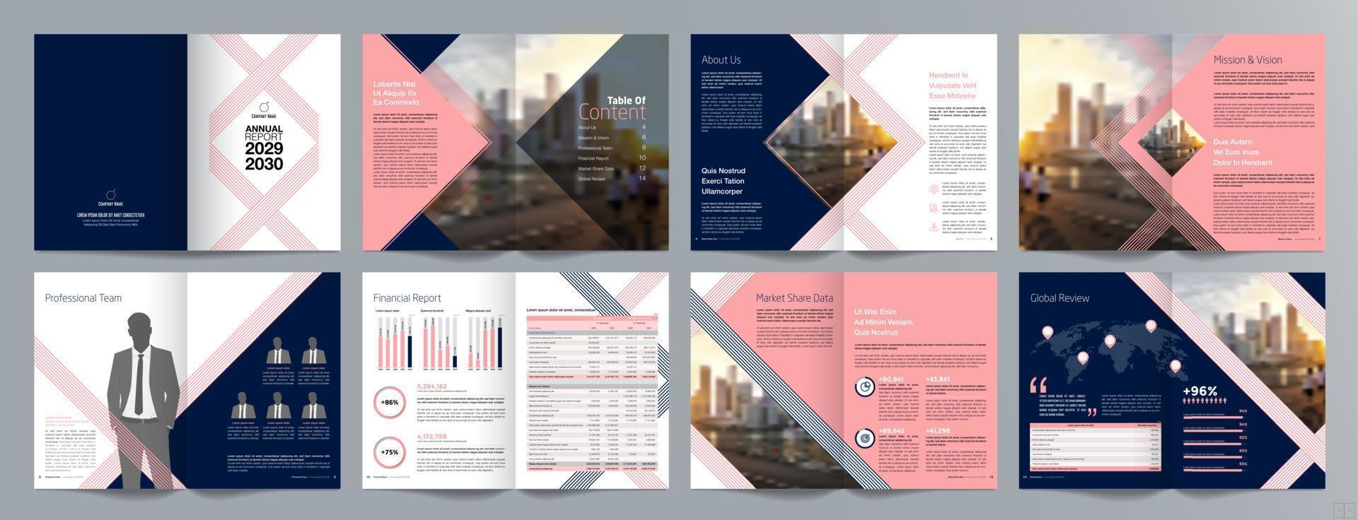 plantilla de folleto de guía de presentación de negocios corporativos, informe anual, plantilla de diseño de folleto de negocios geométrico plano minimalista de 16 páginas, tamaño a4. vector