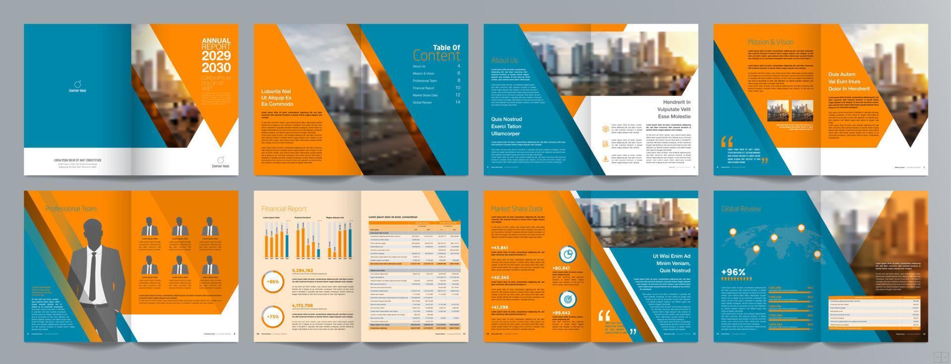 plantilla de folleto de guía de presentación de negocios corporativos, informe anual, plantilla de diseño de folleto de negocios geométrico plano minimalista de 16 páginas, tamaño a4. vector