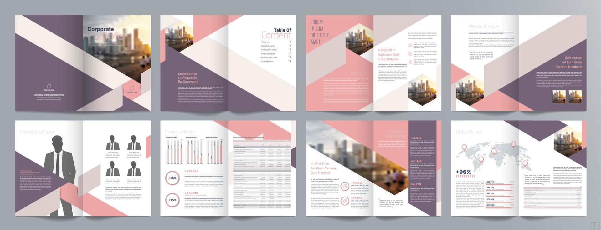 Corporate business presentation guide brochure template, Annual report, 16 page minimalist flat geometric business brochure design template, A4 size. vector