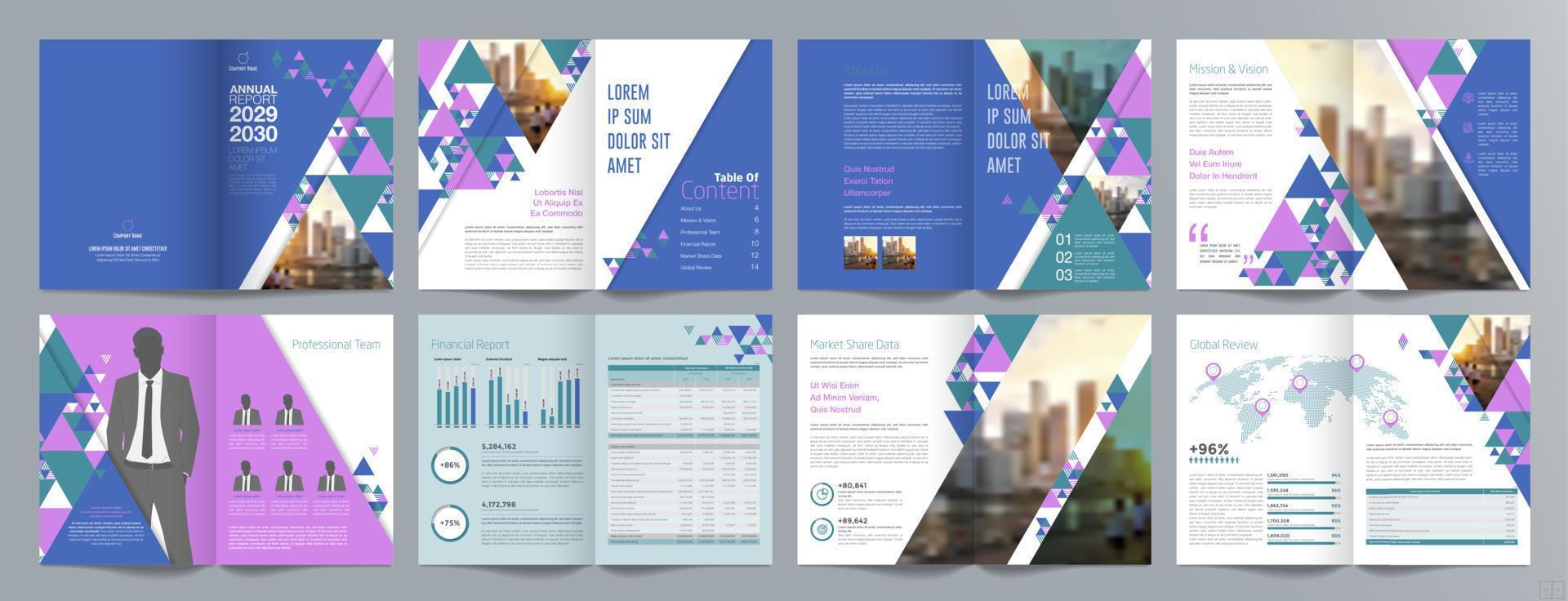 plantilla de folleto de guía de presentación de negocios corporativos, informe anual, plantilla de diseño de folleto de negocios geométrico plano minimalista de 16 páginas, tamaño a4. vector