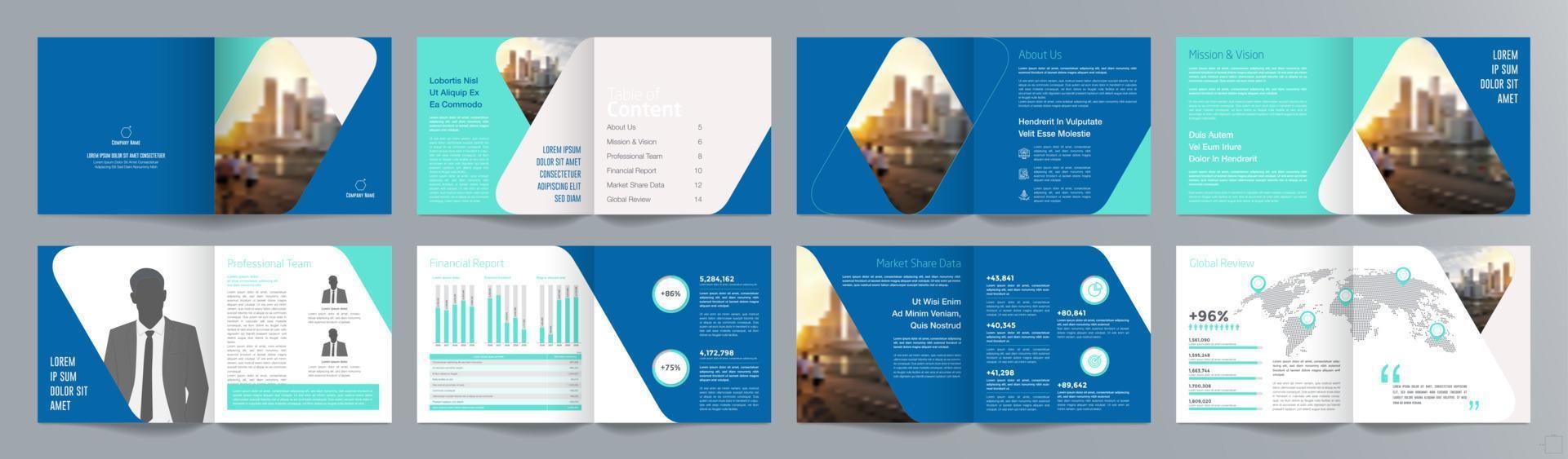 plantilla de folleto de guía de presentación de negocios corporativos, informe anual, plantilla de diseño de folleto de negocios geométrico plano minimalista de 16 páginas, tamaño cuadrado. vector