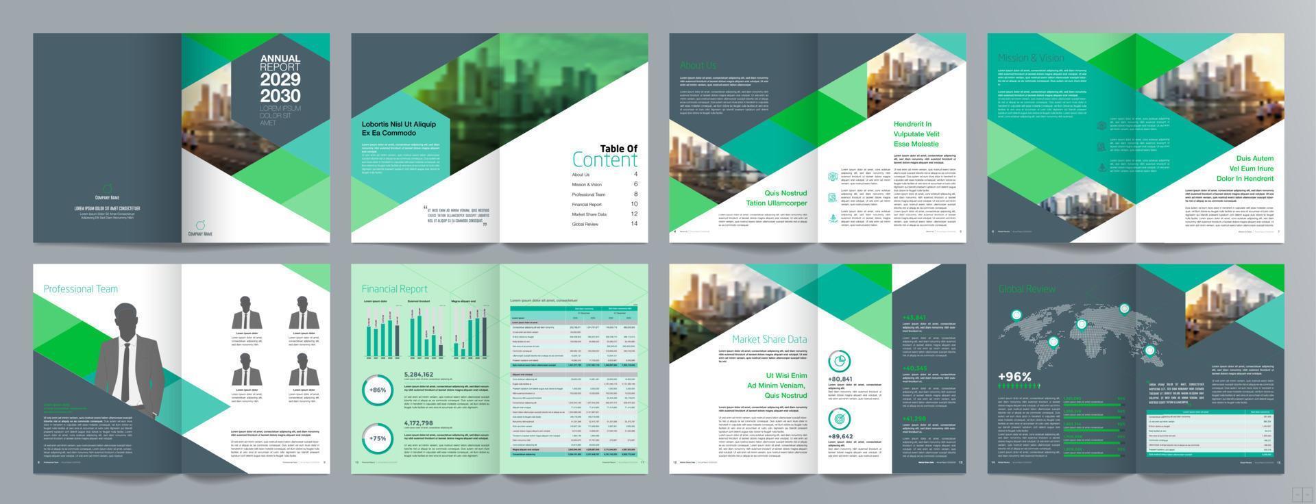 plantilla de folleto de guía de presentación de negocios corporativos, informe anual, plantilla de diseño de folleto de negocios geométrico plano minimalista de 16 páginas, tamaño a4. vector