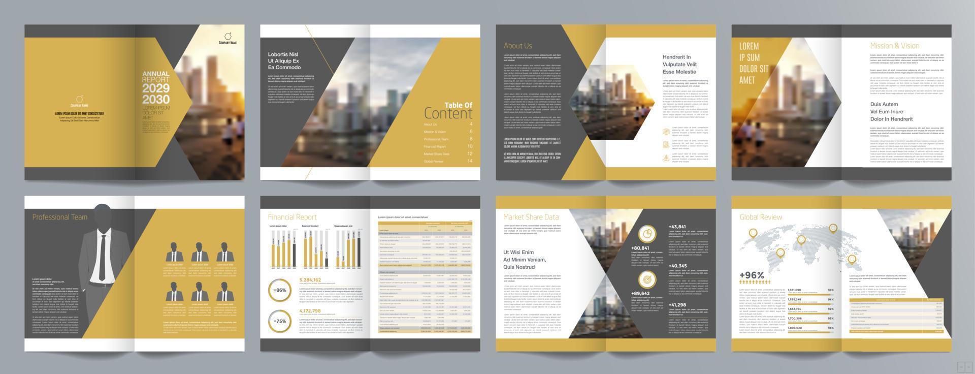 plantilla de folleto de guía de presentación de negocios corporativos, informe anual, plantilla de diseño de folleto de negocios geométrico plano minimalista de 16 páginas, tamaño a4. vector