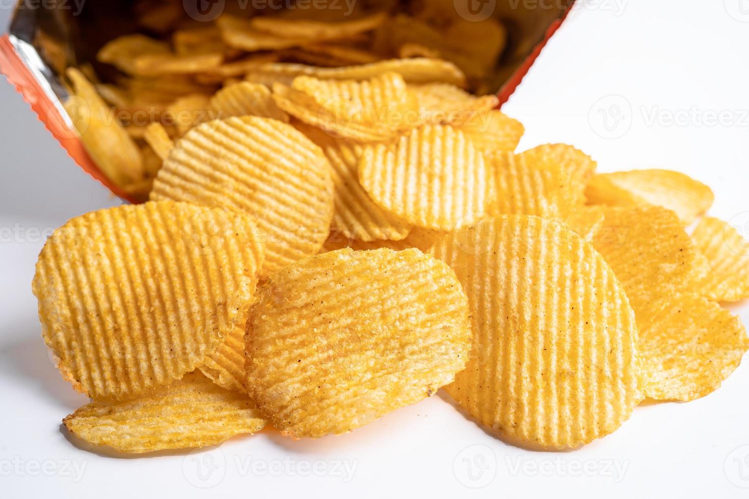 Potato chips, delicious BBQ seasoning spicy for crips, thin slice deep fried snack fast food in open bag. photo