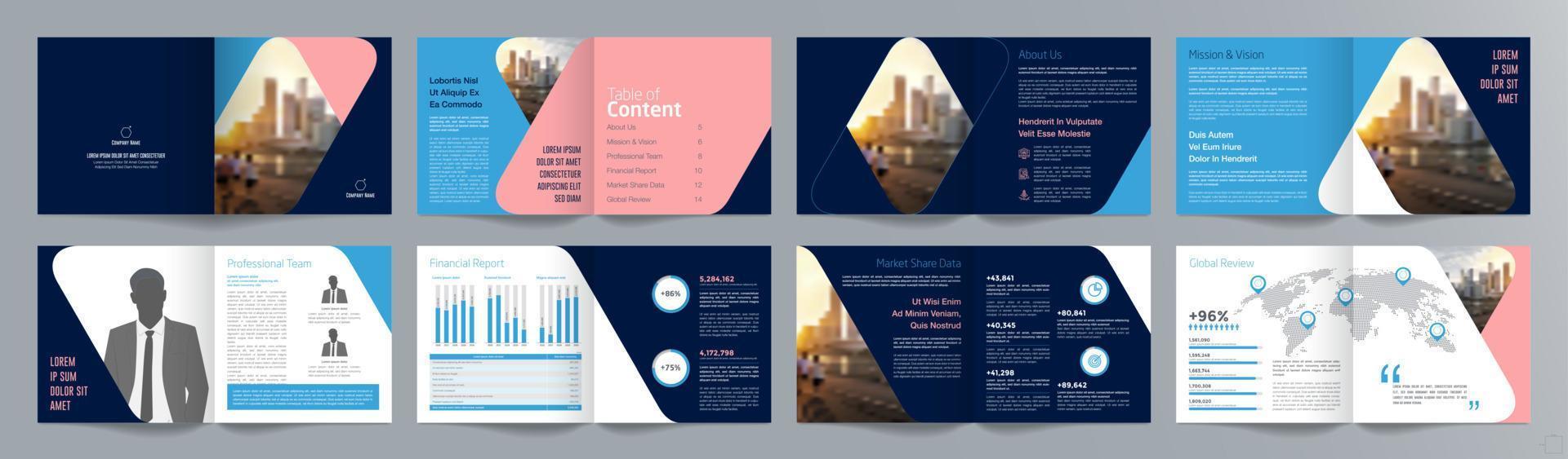 Corporate business presentation guide brochure template, Annual report, 16 page minimalist flat geometric business brochure design template, square size. vector