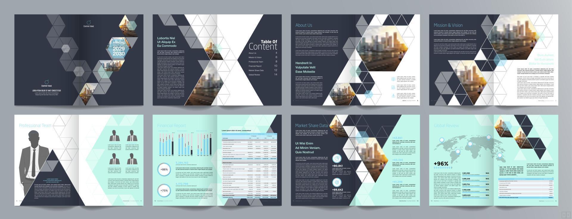 plantilla de folleto de guía de presentación de negocios corporativos, informe anual, plantilla de diseño de folleto de negocios geométrico plano minimalista de 16 páginas, tamaño a4. vector