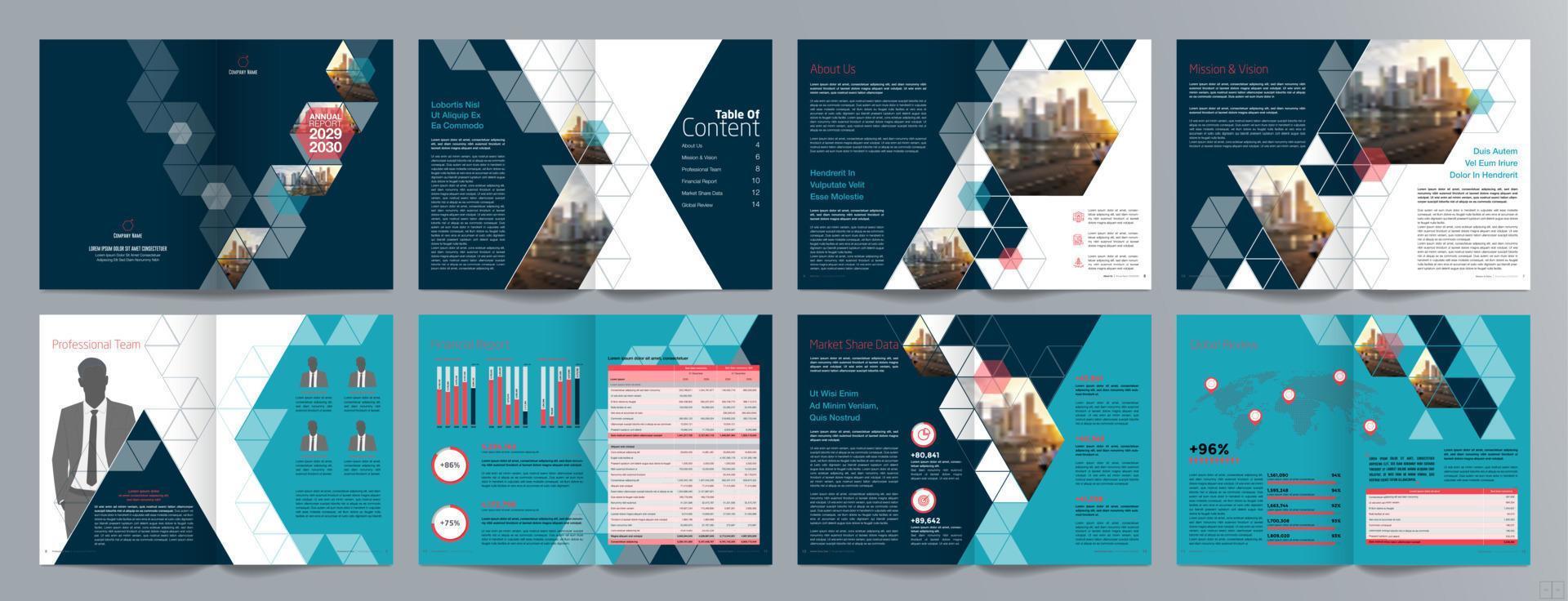 plantilla de folleto de guía de presentación de negocios corporativos, informe anual, plantilla de diseño de folleto de negocios geométrico plano minimalista de 16 páginas, tamaño a4. vector