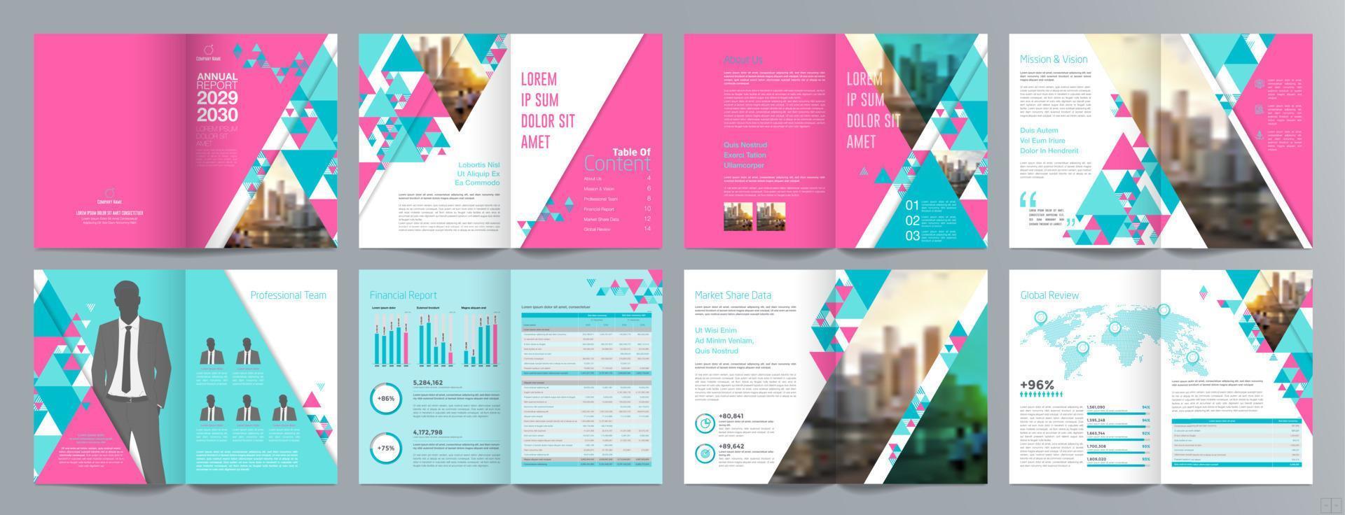 Corporate business presentation guide brochure template, Annual report, 16 page minimalist flat geometric business brochure design template, A4 size. vector