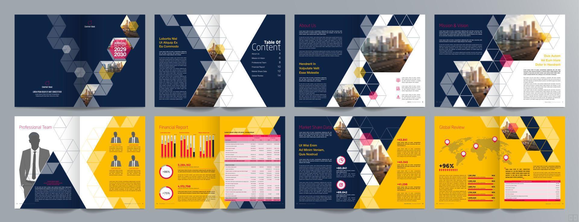 plantilla de folleto de guía de presentación de negocios corporativos, informe anual, plantilla de diseño de folleto de negocios geométrico plano minimalista de 16 páginas, tamaño a4. vector