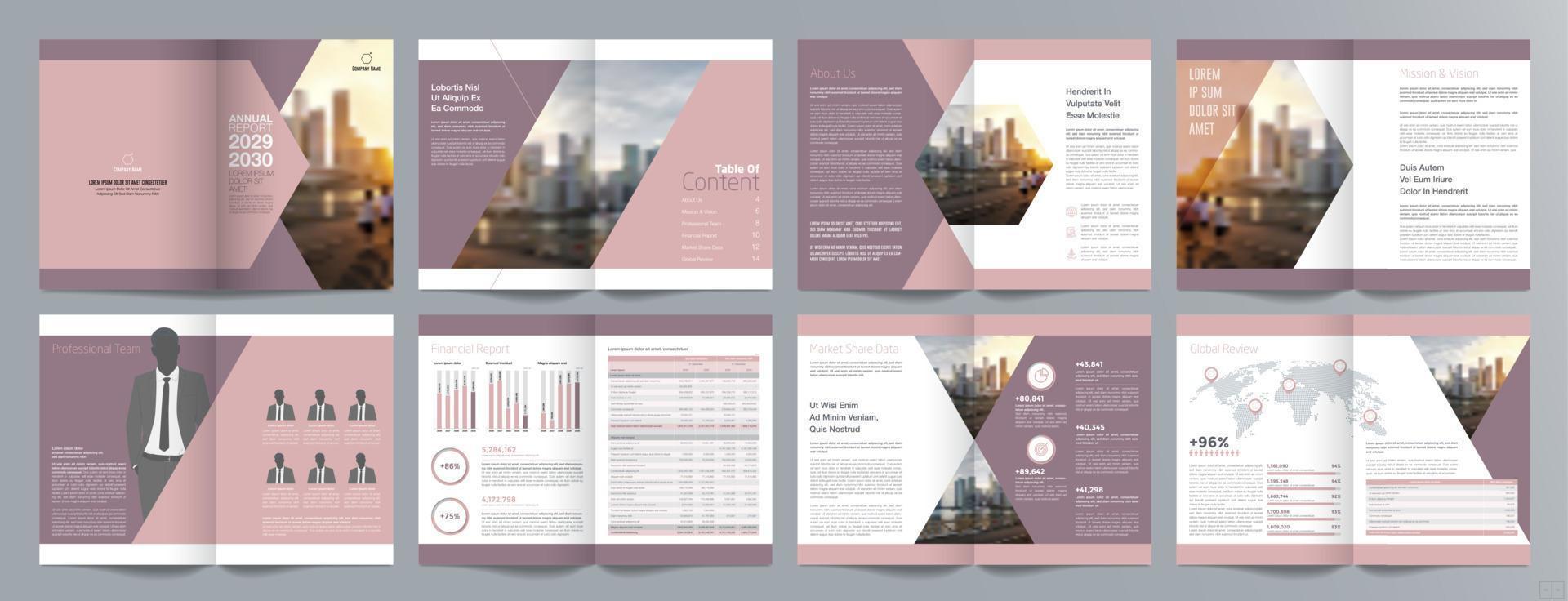 plantilla de folleto de guía de presentación de negocios corporativos, informe anual, plantilla de diseño de folleto de negocios geométrico plano minimalista de 16 páginas, tamaño a4. vector