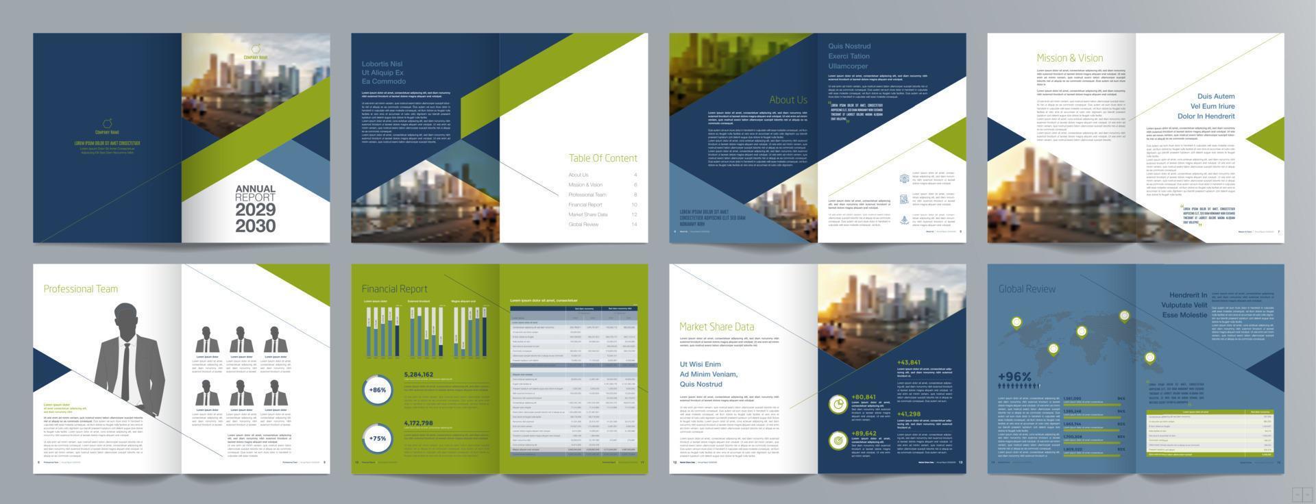 plantilla de folleto de guía de presentación de negocios corporativos, informe anual, plantilla de diseño de folleto de negocios geométrico plano minimalista de 16 páginas, tamaño a4. vector