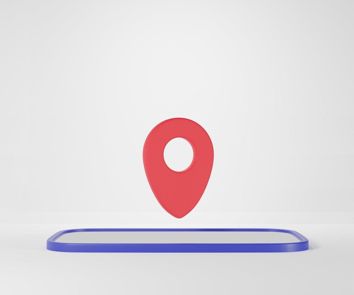 pin pointer gps con pantalla blanca de teléfono inteligente en bcakground blanco. concepto de viaje de ubicación. dibujos animados mínimos. ilustración de procesamiento 3d foto