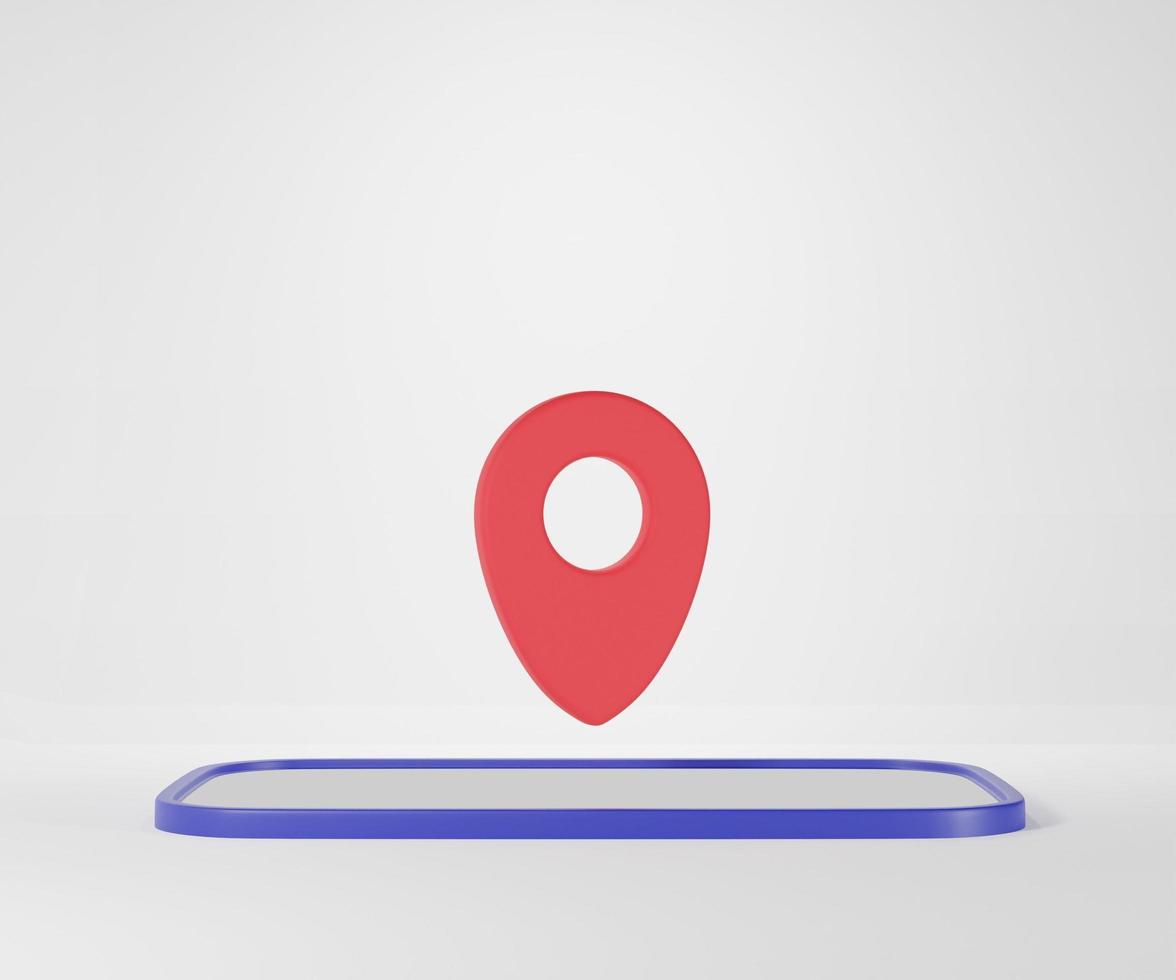 Pin pointer gps with Smartphone white screen on White bcakground. Location Travel concept. Minimal cartoon. 3D render illustration photo